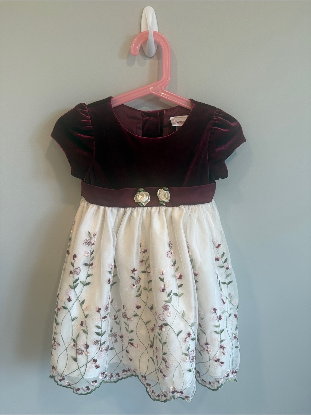 Youngland Burgundy Velvet Bodice and Ivory Floral Embroidered Dress